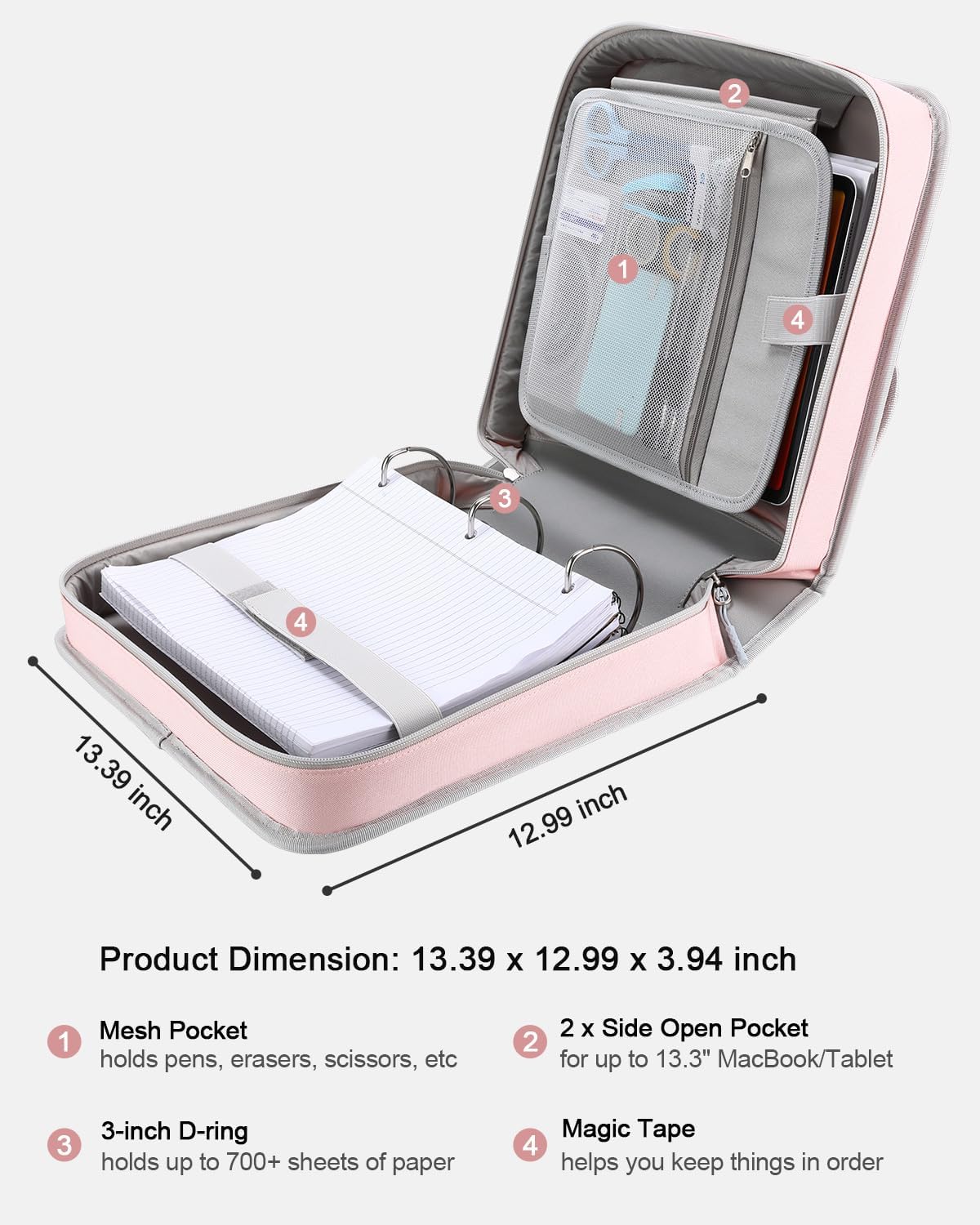 3" D-ring Zipper Binder with 700+ Sheets Capacity