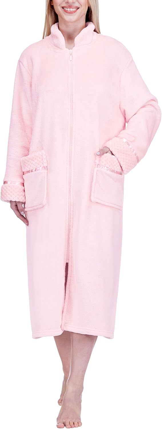 Womens Zip Up Robe with Pockets, Long Fleece Housecoat Bathrobe