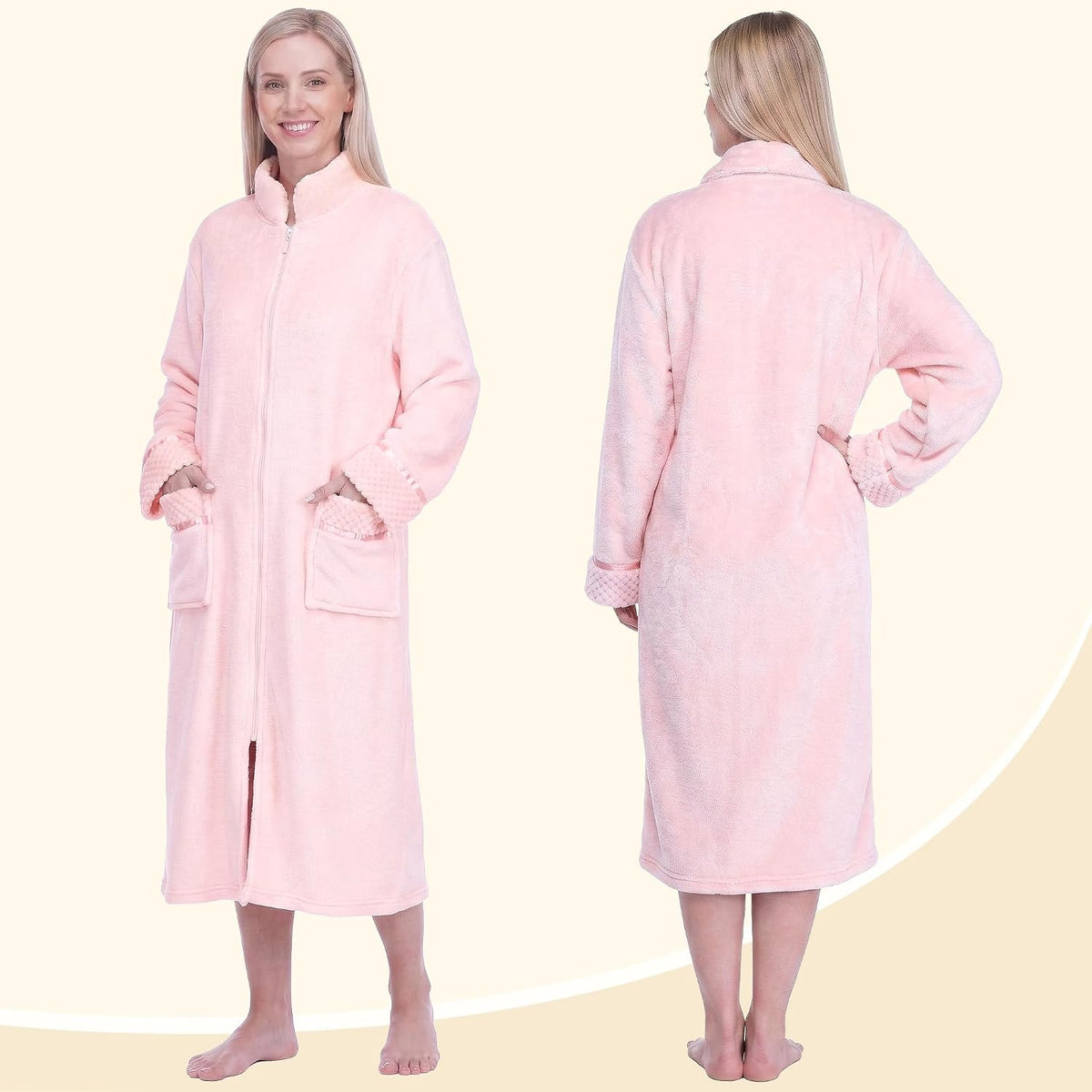 Womens Zip Up Robe with Pockets, Long Fleece Housecoat Bathrobe