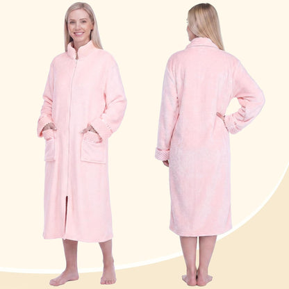 Womens Zip Up Robe with Pockets, Long Fleece Housecoat Bathrobe