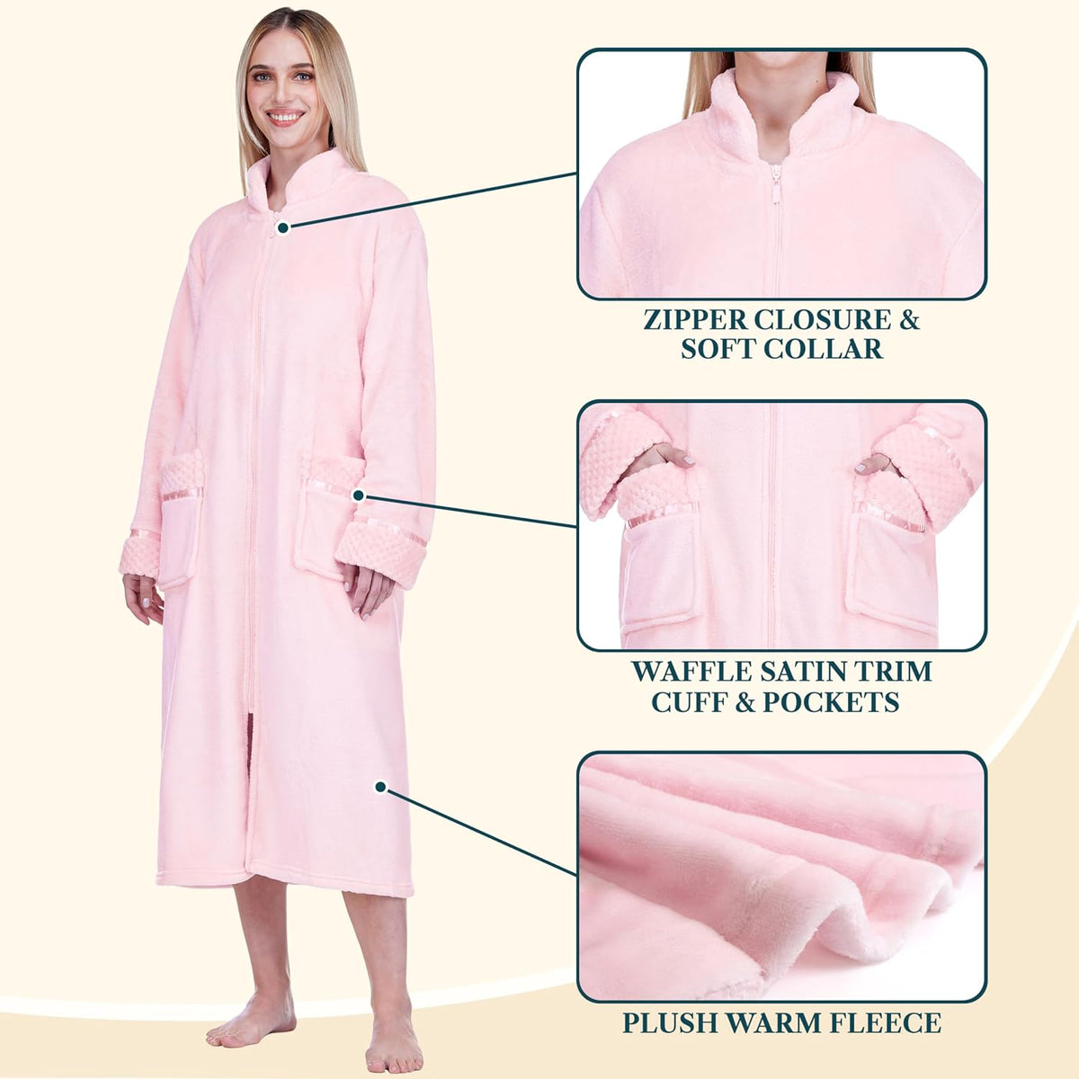Womens Zip Up Robe with Pockets, Long Fleece Housecoat Bathrobe