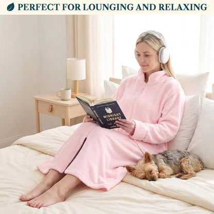 Womens Zip Up Robe with Pockets, Long Fleece Housecoat Bathrobe