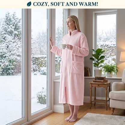 Womens Zip Up Robe with Pockets, Long Fleece Housecoat Bathrobe