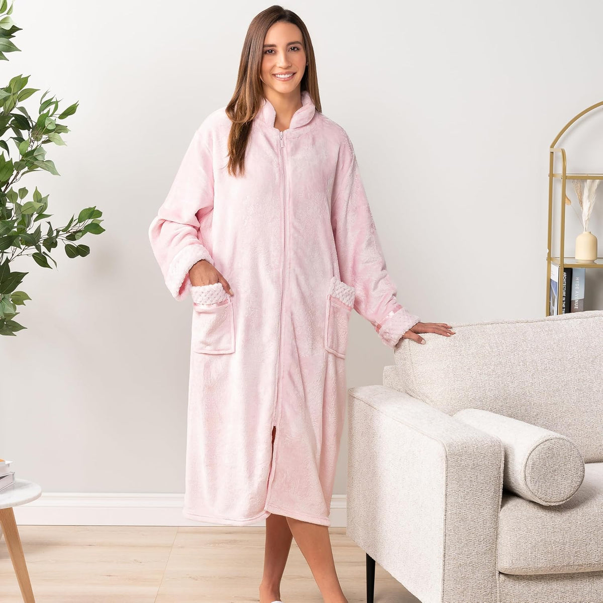 Womens Zip Up Robe with Pockets, Long Fleece Housecoat Bathrobe