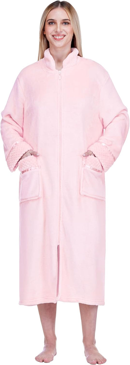 Womens Zip Up Robe with Pockets, Long Fleece Housecoat Bathrobe