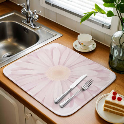 Light Pink Flower Dish Drying Mat 1 Pack, Chrysanthemum Floral Spring Plant Absorbent Heat Insulating Kitchen Drying Pad Drainer Mats for Sink Counter Dishes 16 X 18 Inch