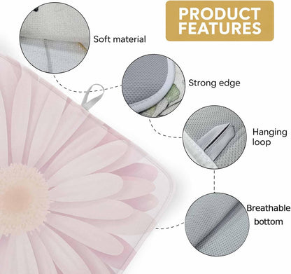 Light Pink Flower Dish Drying Mat 1 Pack, Chrysanthemum Floral Spring Plant Absorbent Heat Insulating Kitchen Drying Pad Drainer Mats for Sink Counter Dishes 16 X 18 Inch