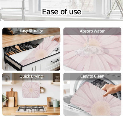 Light Pink Flower Dish Drying Mat 1 Pack, Chrysanthemum Floral Spring Plant Absorbent Heat Insulating Kitchen Drying Pad Drainer Mats for Sink Counter Dishes 16 X 18 Inch