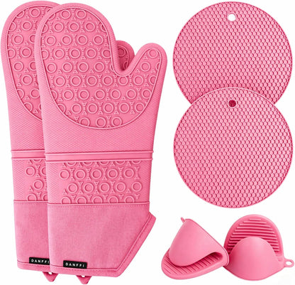 Silicone Oven Mitts and Pot Holders 6 Piece Set, Heat Resistant 500°F Extra Long Oven Gloves with Cotton Lining, Non-Slip BPA-Free Hot Pads and Pinch Mitts for Baking BBQ Cooking (Pink)