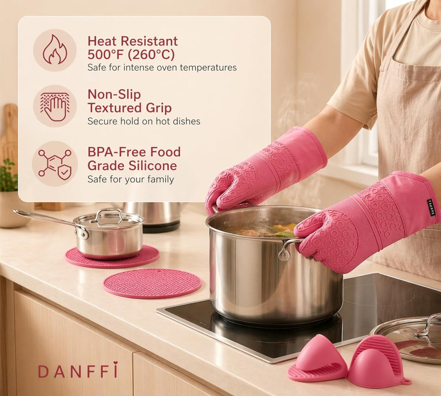 Silicone Oven Mitts and Pot Holders 6 Piece Set, Heat Resistant 500°F Extra Long Oven Gloves with Cotton Lining, Non-Slip BPA-Free Hot Pads and Pinch Mitts for Baking BBQ Cooking (Pink)