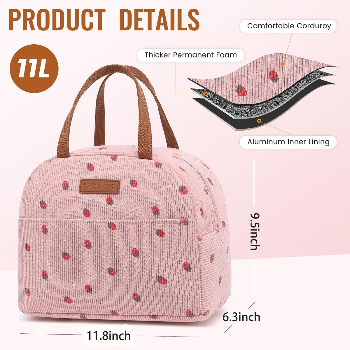 Lunch Bag for Women Men, Reusable Lunch Box, Insulated Lunch Pail bag with Large Capacity, Cute Corduroy Lunch Tote Bags, Cooler Lunch Container for Work Travel Office Picnic (Pink)