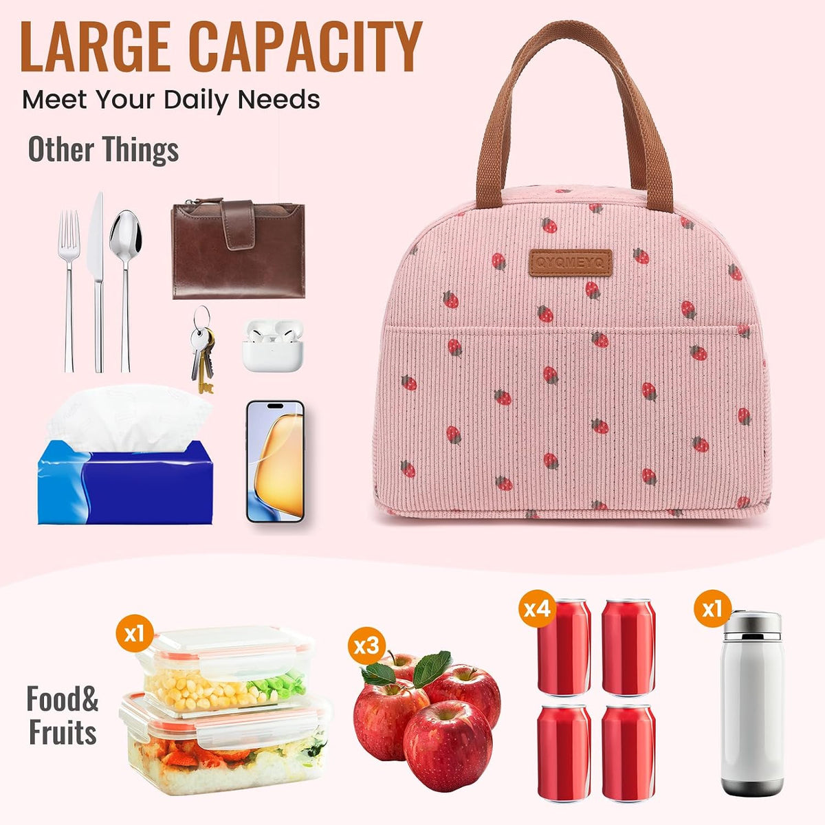 Lunch Bag for Women Men, Reusable Lunch Box, Insulated Lunch Pail bag with Large Capacity, Cute Corduroy Lunch Tote Bags, Cooler Lunch Container for Work Travel Office Picnic (Pink)