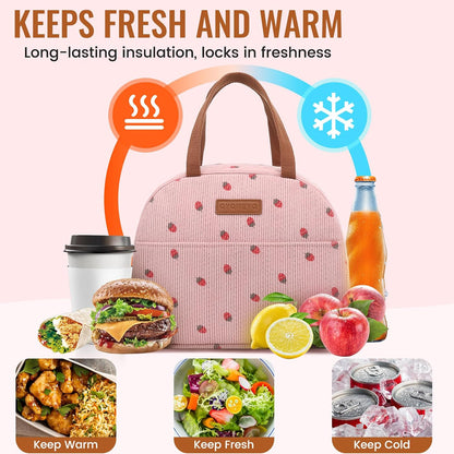 Lunch Bag for Women Men, Reusable Lunch Box, Insulated Lunch Pail bag with Large Capacity, Cute Corduroy Lunch Tote Bags, Cooler Lunch Container for Work Travel Office Picnic (Pink)