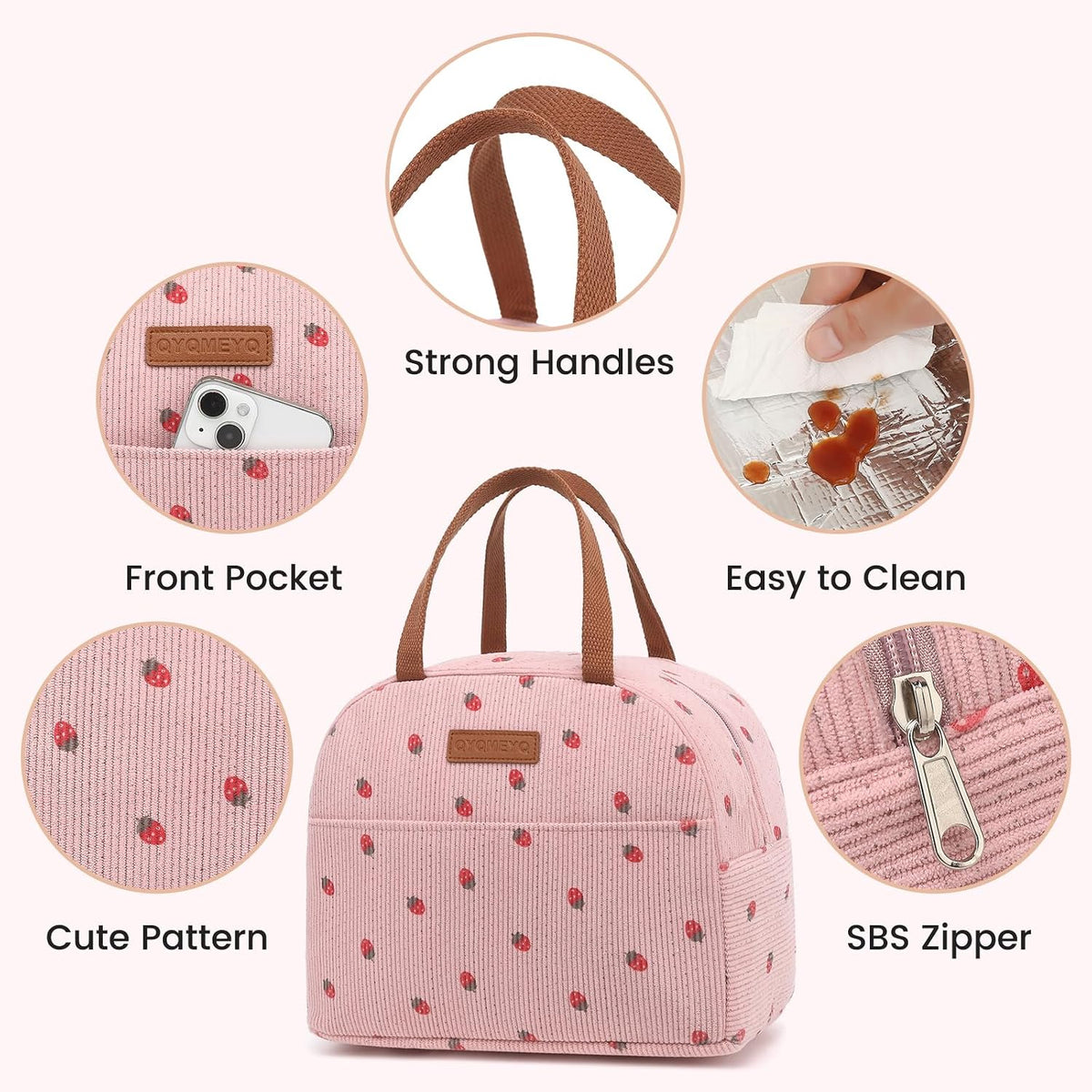 Lunch Bag for Women Men, Reusable Lunch Box, Insulated Lunch Pail bag with Large Capacity, Cute Corduroy Lunch Tote Bags, Cooler Lunch Container for Work Travel Office Picnic (Pink)