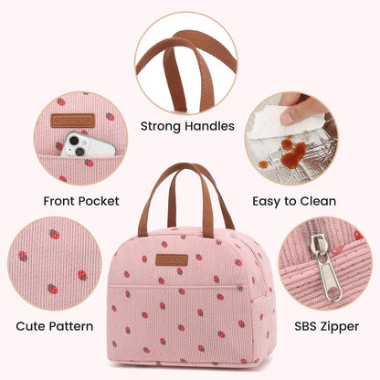 Lunch Bag for Women Men, Reusable Lunch Box, Insulated Lunch Pail bag with Large Capacity, Cute Corduroy Lunch Tote Bags, Cooler Lunch Container for Work Travel Office Picnic (Pink)