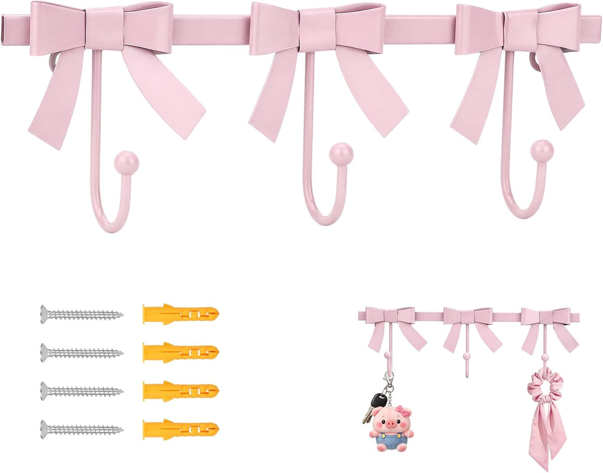 Pink Bow Hooks Gold Bow Wall Hook, 3 Bow Knot Coat Hooks Metal Bowknot Towel Hooks Door Hanger Holder for Wedding Bathroom Bags Coats Hats Coffee Mugs Room Kitchen Decor (Pink-BB)