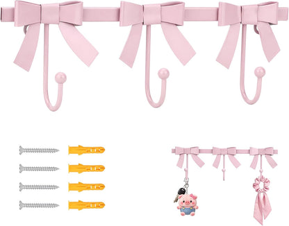 Pink Bow Hooks Gold Bow Wall Hook, 3 Bow Knot Coat Hooks Metal Bowknot Towel Hooks Door Hanger Holder for Wedding Bathroom Bags Coats Hats Coffee Mugs Room Kitchen Decor (Pink-BB)