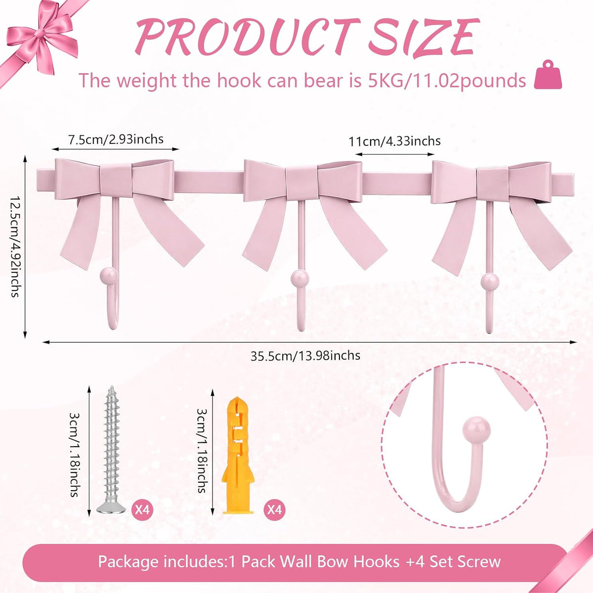 Pink Bow Hooks Gold Bow Wall Hook, 3 Bow Knot Coat Hooks Metal Bowknot Towel Hooks Door Hanger Holder for Wedding Bathroom Bags Coats Hats Coffee Mugs Room Kitchen Decor (Pink-BB)