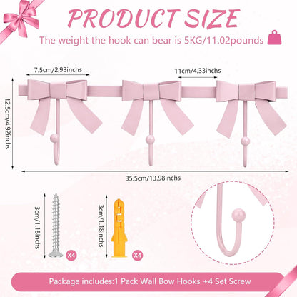 Pink Bow Hooks Gold Bow Wall Hook, 3 Bow Knot Coat Hooks Metal Bowknot Towel Hooks Door Hanger Holder for Wedding Bathroom Bags Coats Hats Coffee Mugs Room Kitchen Decor (Pink-BB)