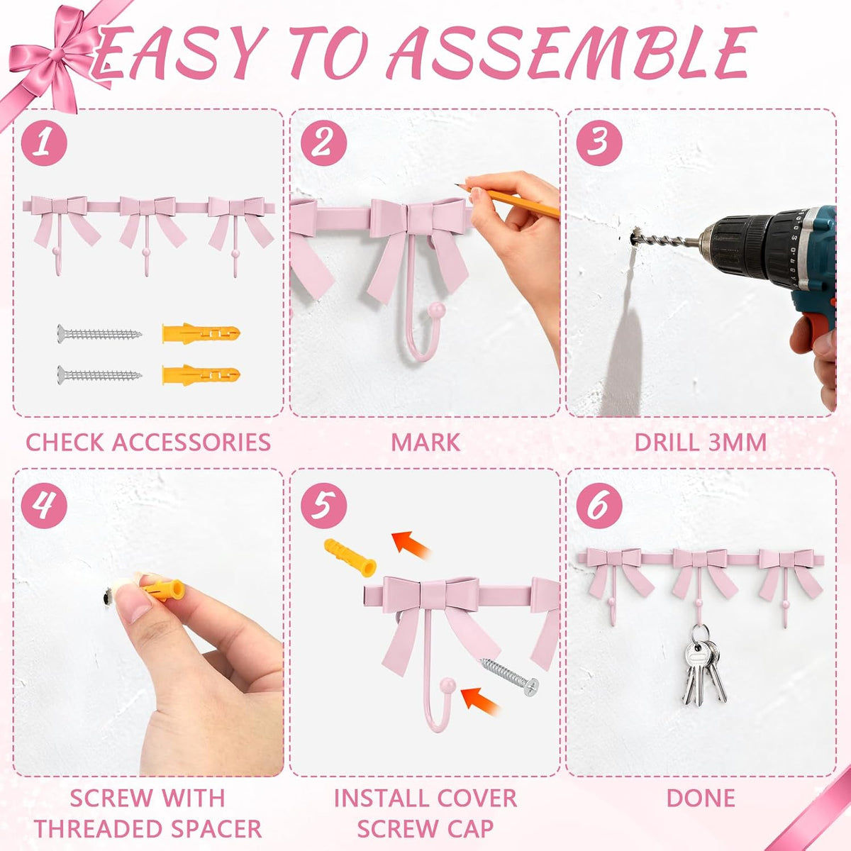 Pink Bow Hooks Gold Bow Wall Hook, 3 Bow Knot Coat Hooks Metal Bowknot Towel Hooks Door Hanger Holder for Wedding Bathroom Bags Coats Hats Coffee Mugs Room Kitchen Decor (Pink-BB)