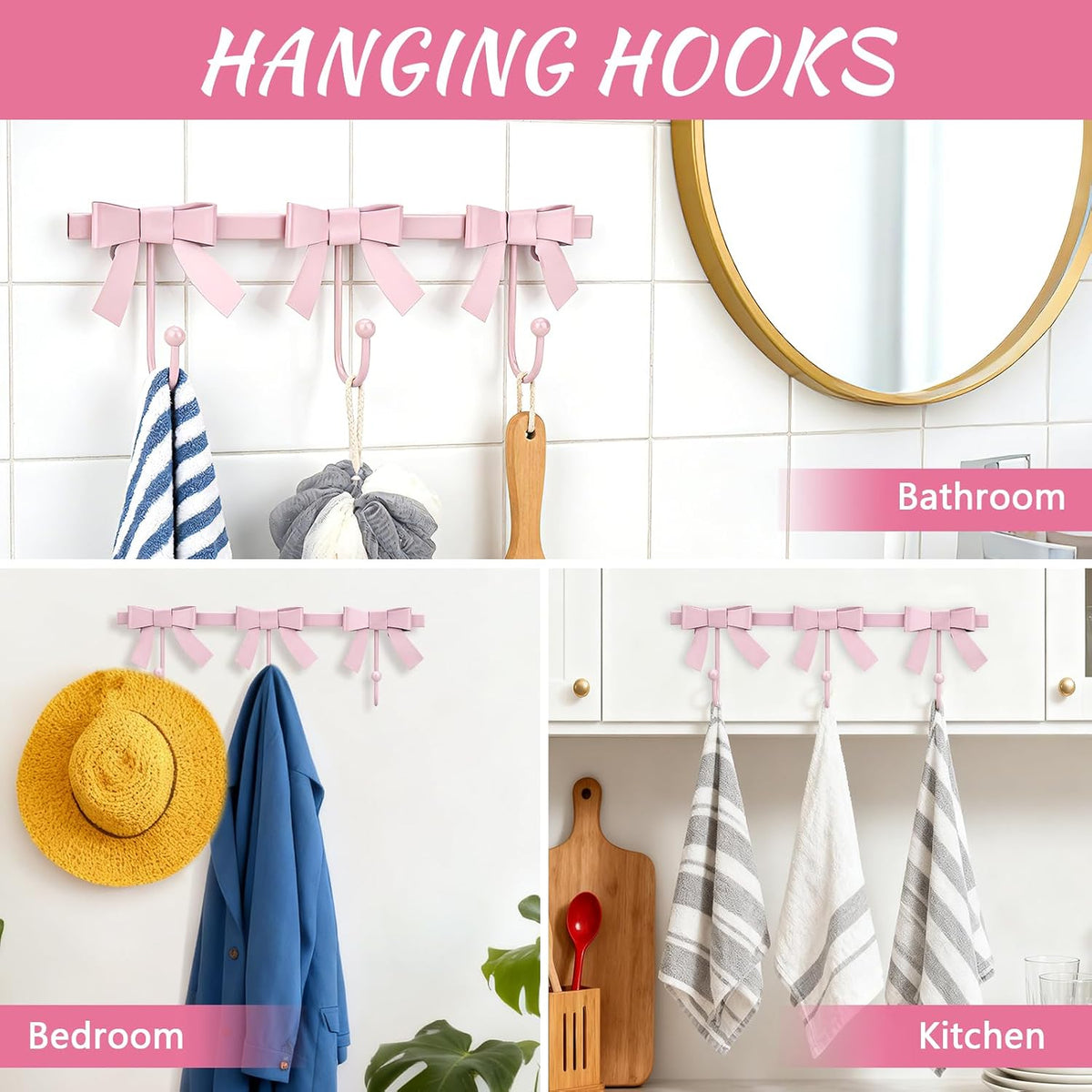 Pink Bow Hooks Gold Bow Wall Hook, 3 Bow Knot Coat Hooks Metal Bowknot Towel Hooks Door Hanger Holder for Wedding Bathroom Bags Coats Hats Coffee Mugs Room Kitchen Decor (Pink-BB)