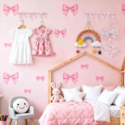 Pink Bow Hooks Gold Bow Wall Hook, 3 Bow Knot Coat Hooks Metal Bowknot Towel Hooks Door Hanger Holder for Wedding Bathroom Bags Coats Hats Coffee Mugs Room Kitchen Decor (Pink-BB)