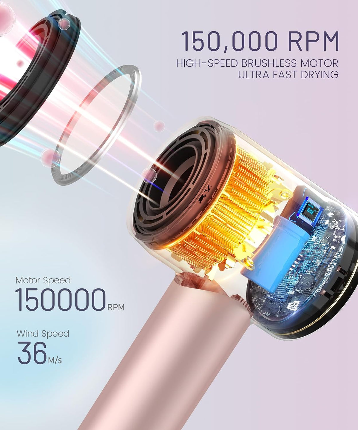 High-Speed Ionic Hair Dryer, 150000 RPM Brushless Motor for 2-5 Min Fast Drying, Low Noise Blow Dryer Reduces Frizz & Heat Damage, Lightweight Hair Dryer with Diffuser & Nozzle, Pink