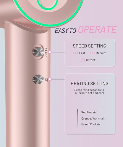 High-Speed Ionic Hair Dryer, 150000 RPM Brushless Motor for 2-5 Min Fast Drying, Low Noise Blow Dryer Reduces Frizz & Heat Damage, Lightweight Hair Dryer with Diffuser & Nozzle, Pink