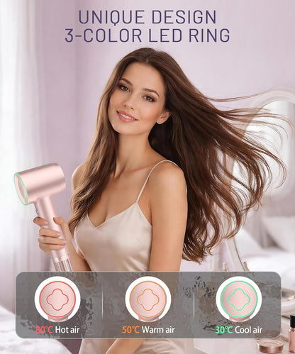 High-Speed Ionic Hair Dryer, 150000 RPM Brushless Motor for 2-5 Min Fast Drying, Low Noise Blow Dryer Reduces Frizz & Heat Damage, Lightweight Hair Dryer with Diffuser & Nozzle, Pink