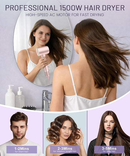 High-Speed Ionic Hair Dryer, 150000 RPM Brushless Motor for 2-5 Min Fast Drying, Low Noise Blow Dryer Reduces Frizz & Heat Damage, Lightweight Hair Dryer with Diffuser & Nozzle, Pink