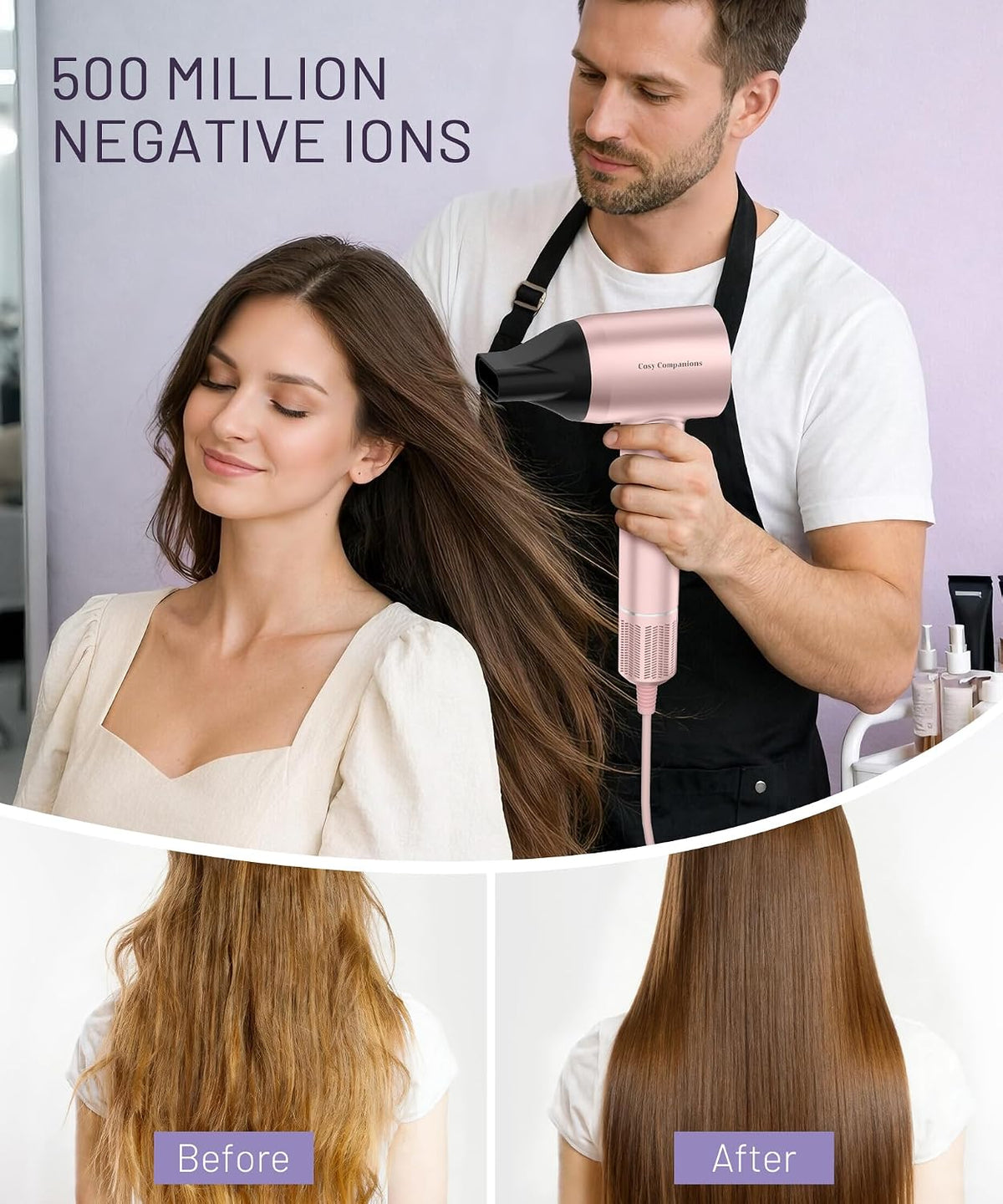 High-Speed Ionic Hair Dryer, 150000 RPM Brushless Motor for 2-5 Min Fast Drying, Low Noise Blow Dryer Reduces Frizz & Heat Damage, Lightweight Hair Dryer with Diffuser & Nozzle, Pink