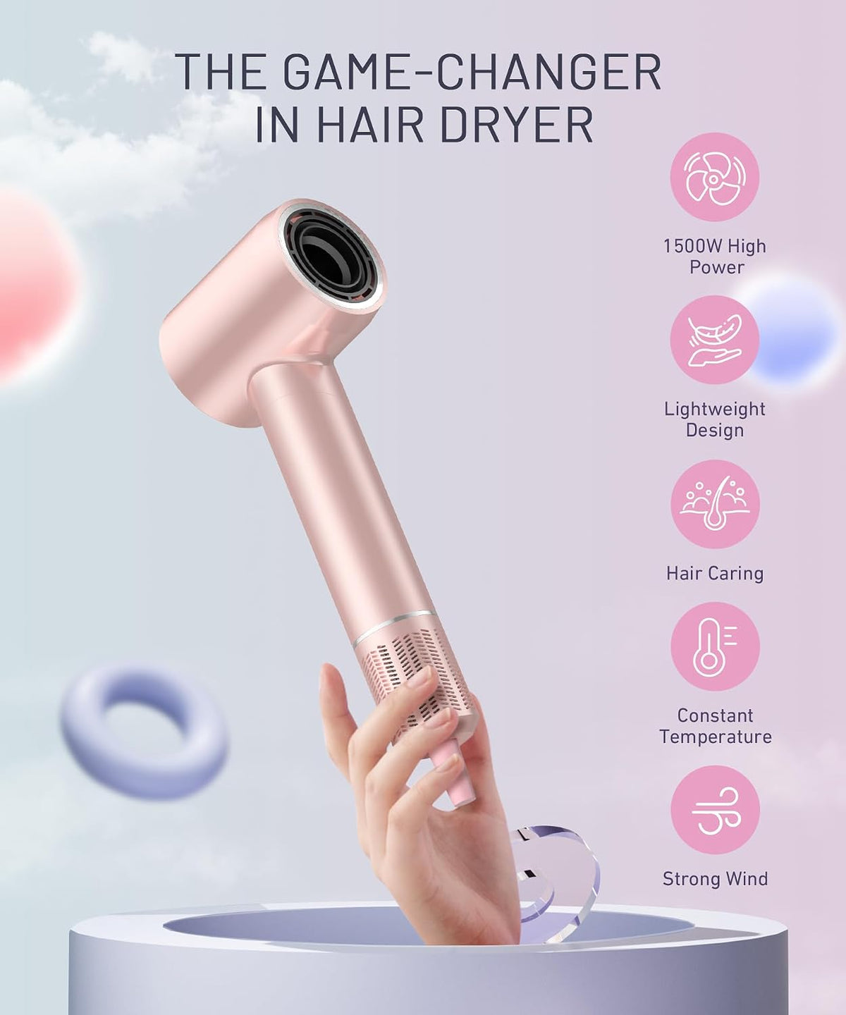 High-Speed Ionic Hair Dryer, 150000 RPM Brushless Motor for 2-5 Min Fast Drying, Low Noise Blow Dryer Reduces Frizz & Heat Damage, Lightweight Hair Dryer with Diffuser & Nozzle, Pink