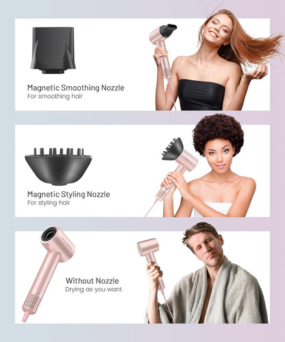 High-Speed Ionic Hair Dryer, 150000 RPM Brushless Motor for 2-5 Min Fast Drying, Low Noise Blow Dryer Reduces Frizz & Heat Damage, Lightweight Hair Dryer with Diffuser & Nozzle, Pink