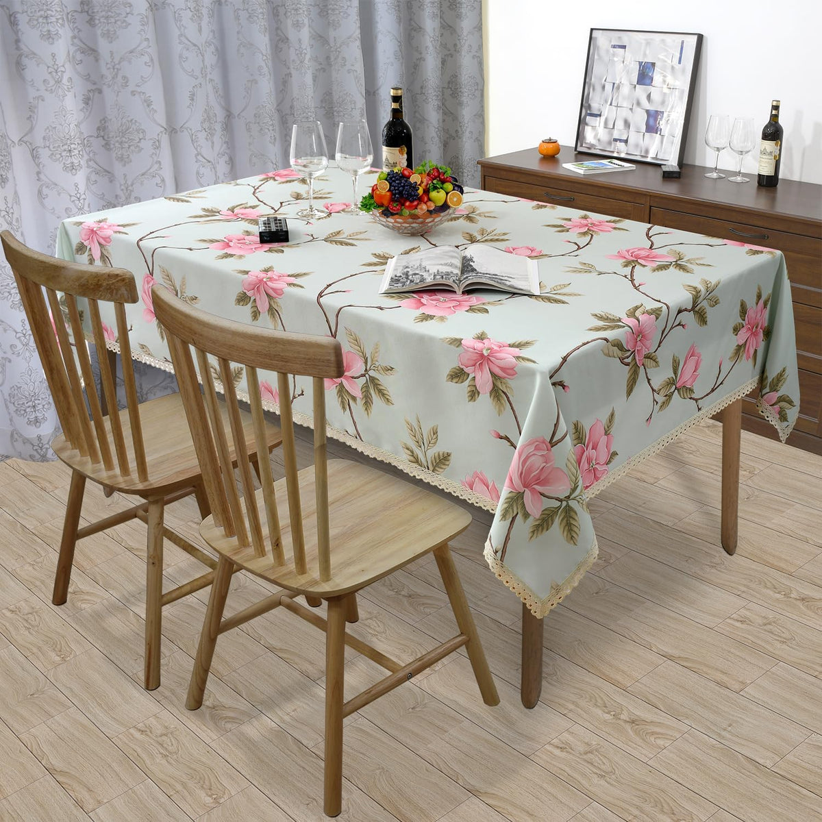 Floral Print Rectangle Tablecloth 52 x 70 Inch Stain Resistant and Waterproof Wine Table Cover for Kitchen Dining Indoor Outdoor Buffet Tabletop Decoration (Light Green & Pink)
