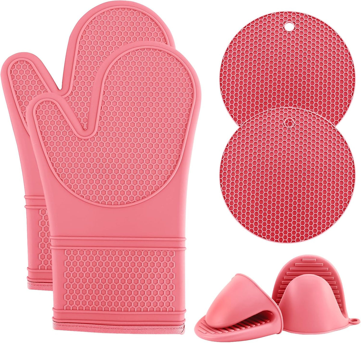 Silicone Oven Mitts- Heat Resistant Gloves with Soft Quilted Lining Oven Mitt Pot Holders for Cooking and BBQ, Pink, Mitt Set