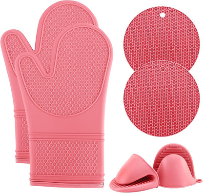 Silicone Oven Mitts- Heat Resistant Gloves with Soft Quilted Lining Oven Mitt Pot Holders for Cooking and BBQ, Pink, Mitt Set