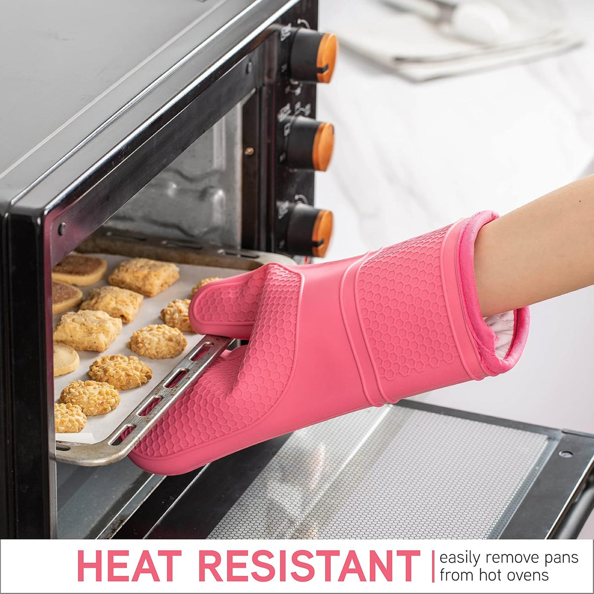 Silicone Oven Mitts- Heat Resistant Gloves with Soft Quilted Lining Oven Mitt Pot Holders for Cooking and BBQ, Pink, Mitt Set