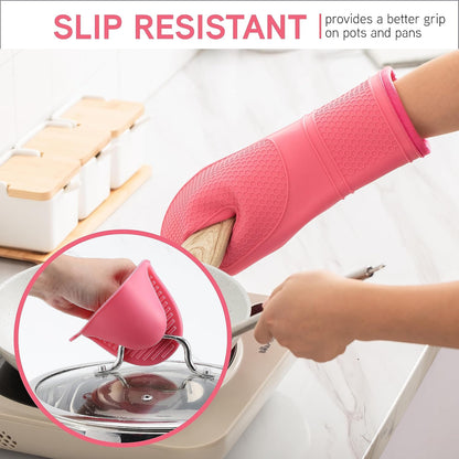 Silicone Oven Mitts- Heat Resistant Gloves with Soft Quilted Lining Oven Mitt Pot Holders for Cooking and BBQ, Pink, Mitt Set