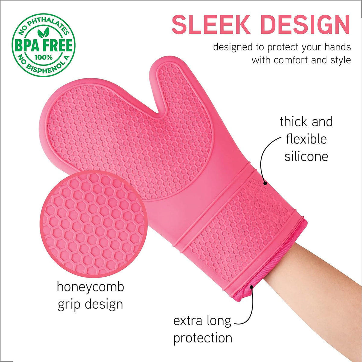 Silicone Oven Mitts- Heat Resistant Gloves with Soft Quilted Lining Oven Mitt Pot Holders for Cooking and BBQ, Pink, Mitt Set