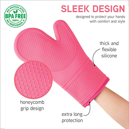 Silicone Oven Mitts- Heat Resistant Gloves with Soft Quilted Lining Oven Mitt Pot Holders for Cooking and BBQ, Pink, Mitt Set