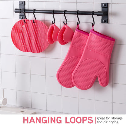 Silicone Oven Mitts- Heat Resistant Gloves with Soft Quilted Lining Oven Mitt Pot Holders for Cooking and BBQ, Pink, Mitt Set
