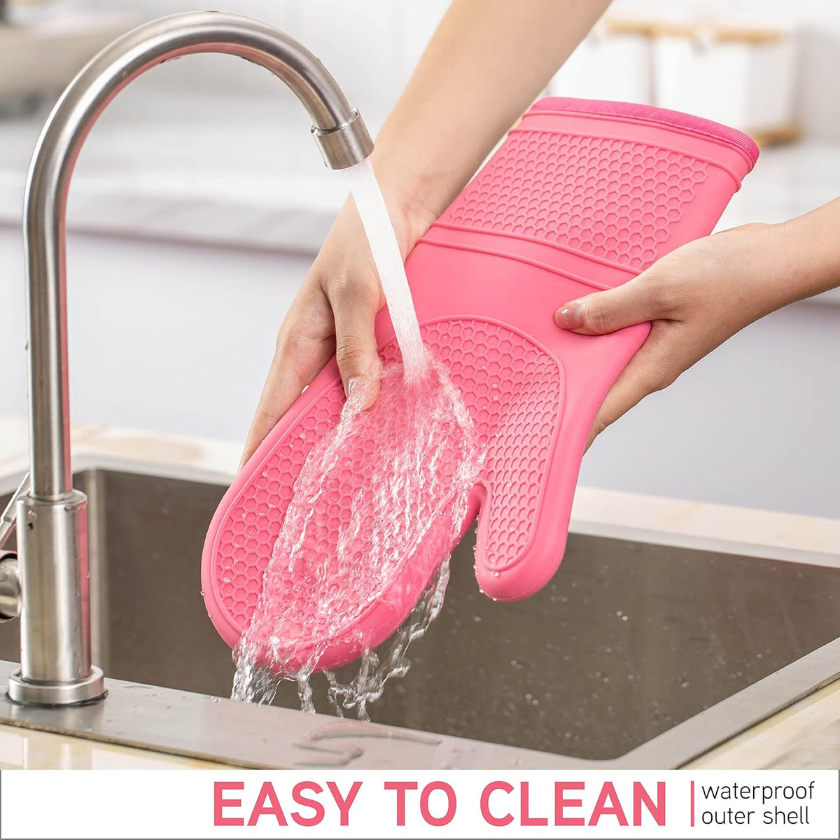 Silicone Oven Mitts- Heat Resistant Gloves with Soft Quilted Lining Oven Mitt Pot Holders for Cooking and BBQ, Pink, Mitt Set