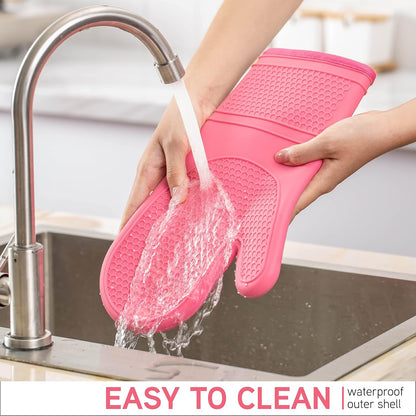 Silicone Oven Mitts- Heat Resistant Gloves with Soft Quilted Lining Oven Mitt Pot Holders for Cooking and BBQ, Pink, Mitt Set