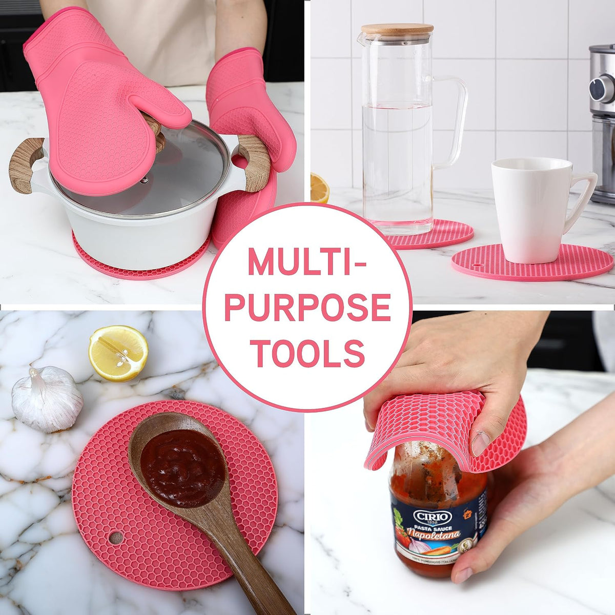 Silicone Oven Mitts- Heat Resistant Gloves with Soft Quilted Lining Oven Mitt Pot Holders for Cooking and BBQ, Pink, Mitt Set
