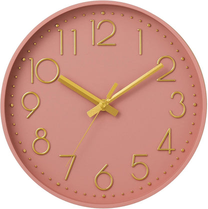Wall Clock 8 Inch Pink Decorative, Battery Operated Silent