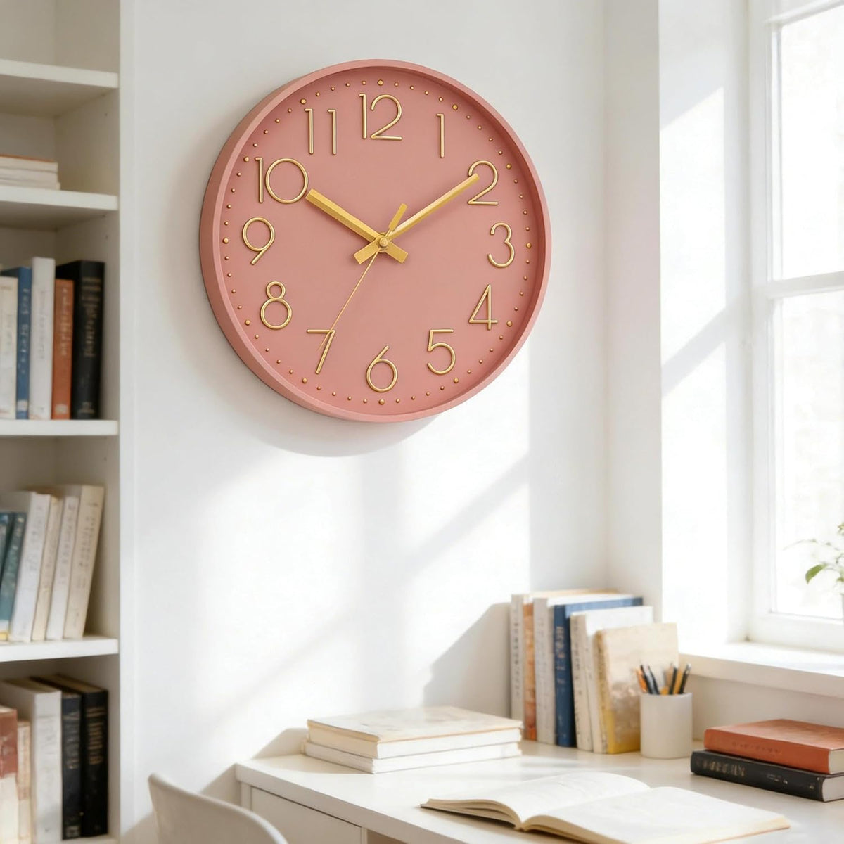 Wall Clock 8 Inch Pink Decorative, Battery Operated Silent