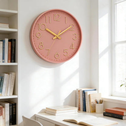 Wall Clock 8 Inch Pink Decorative, Battery Operated Silent