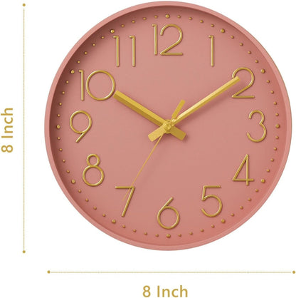 Wall Clock 8 Inch Pink Decorative, Battery Operated Silent