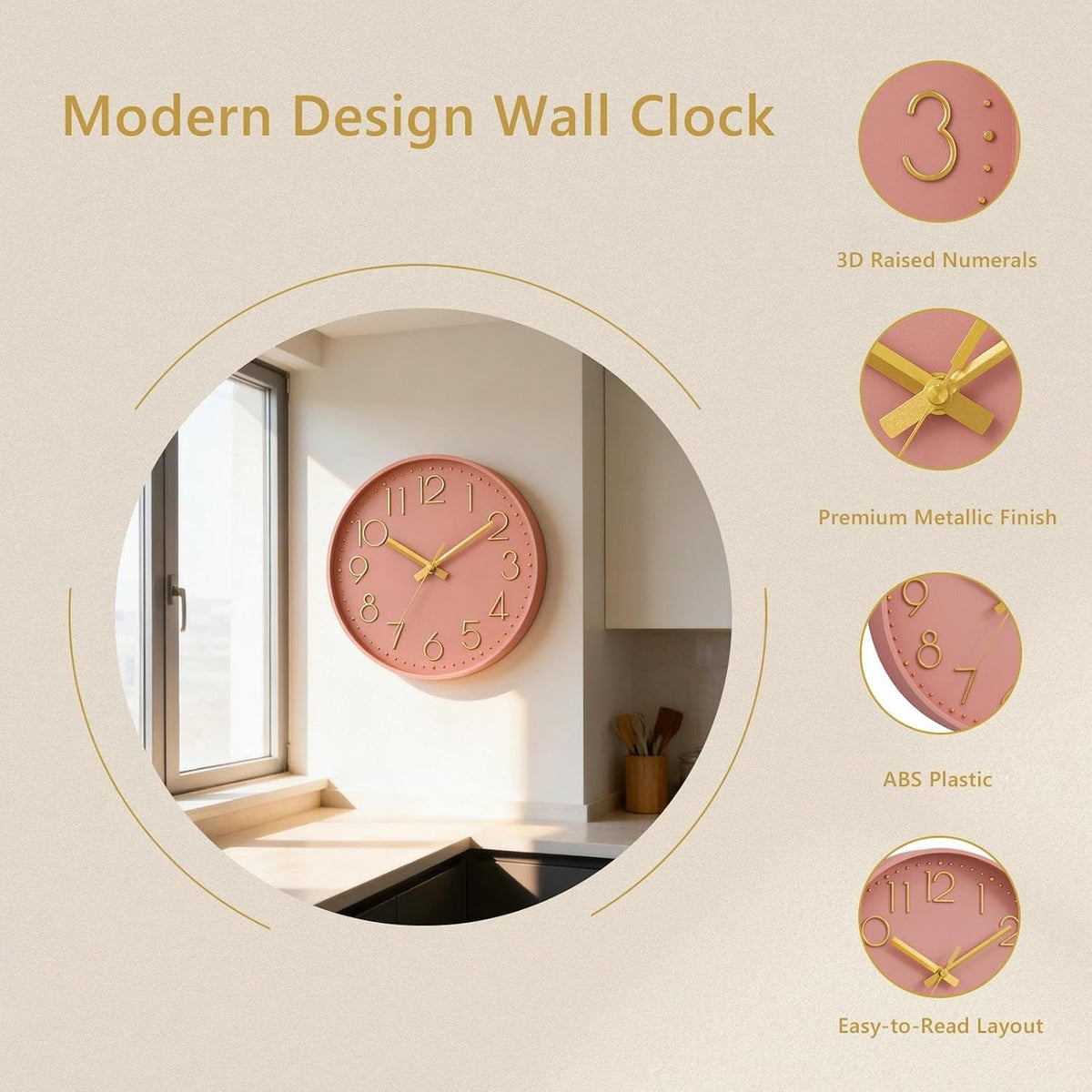 Wall Clock 8 Inch Pink Decorative, Battery Operated Silent