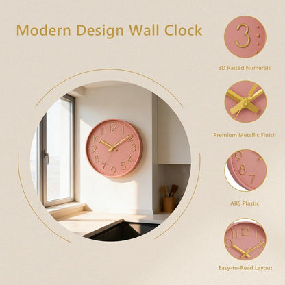 Wall Clock 8 Inch Pink Decorative, Battery Operated Silent